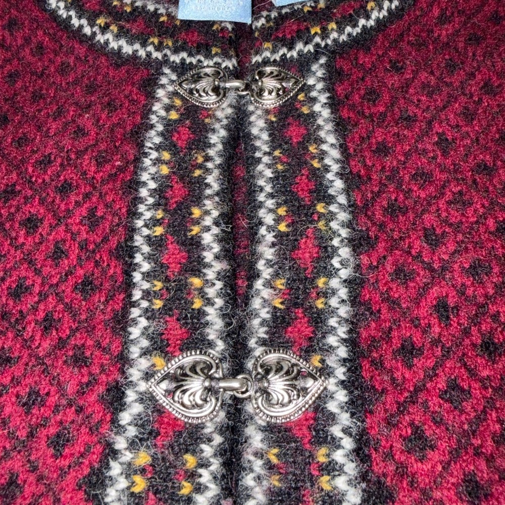 Vintage Frost Petite Large Burgundy Icelandic Fair Isle Snowflake Wool Cardigan - Picture 4 of 7